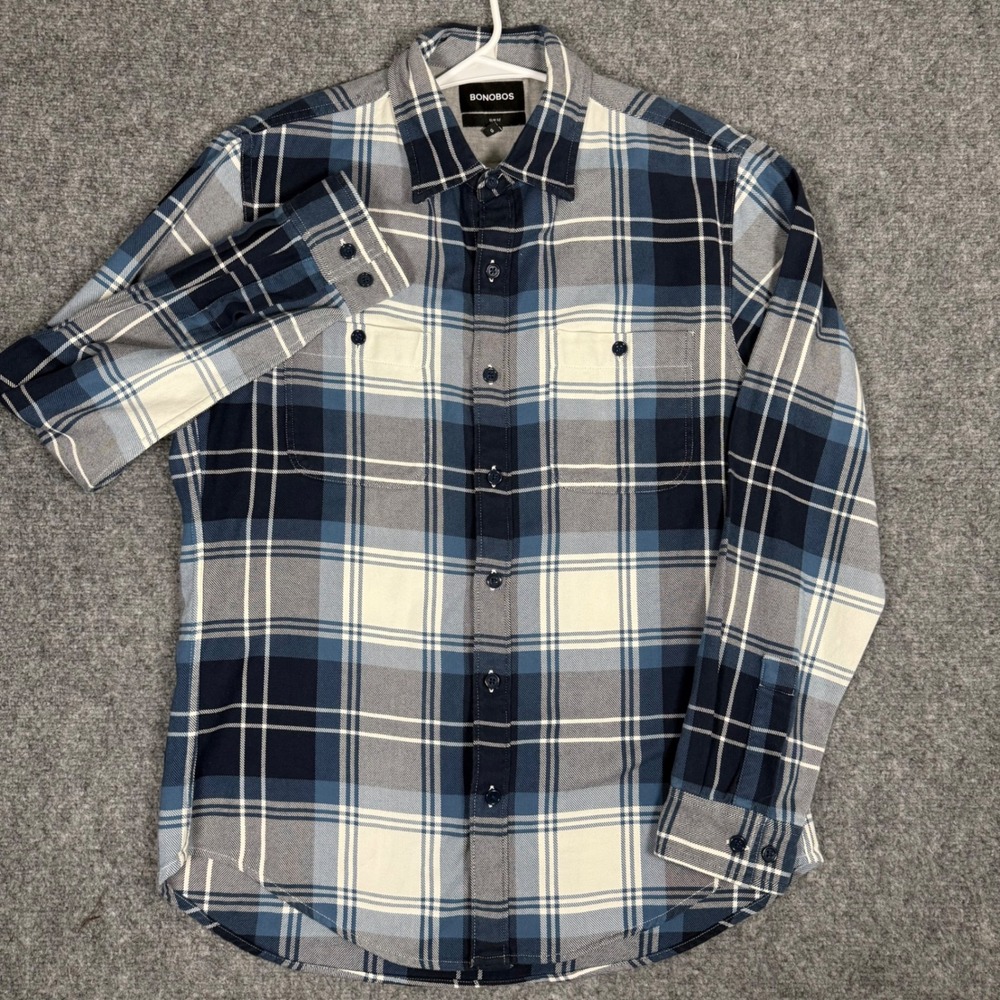Bonobos Slim Fit Flannel Shirt Men Large Blue Plaid Cotton Long Sleeve Button Up